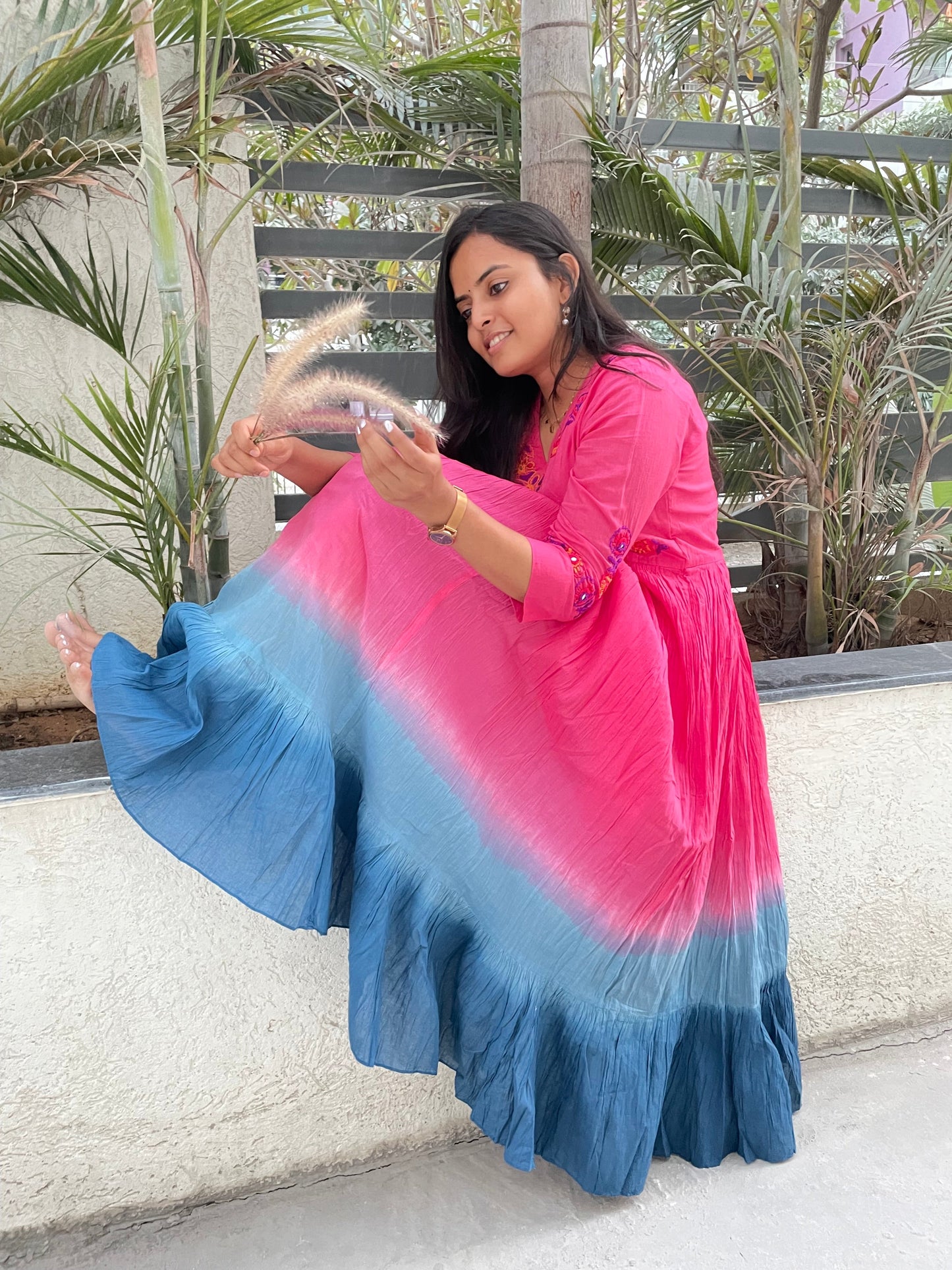A0383 pink & blue Mulmul crushed shaded one piece dress with mirror embroidery detailing & 6 meters ghera