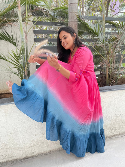A0383 pink & blue Mulmul crushed shaded one piece dress with mirror embroidery detailing & 6 meters ghera
