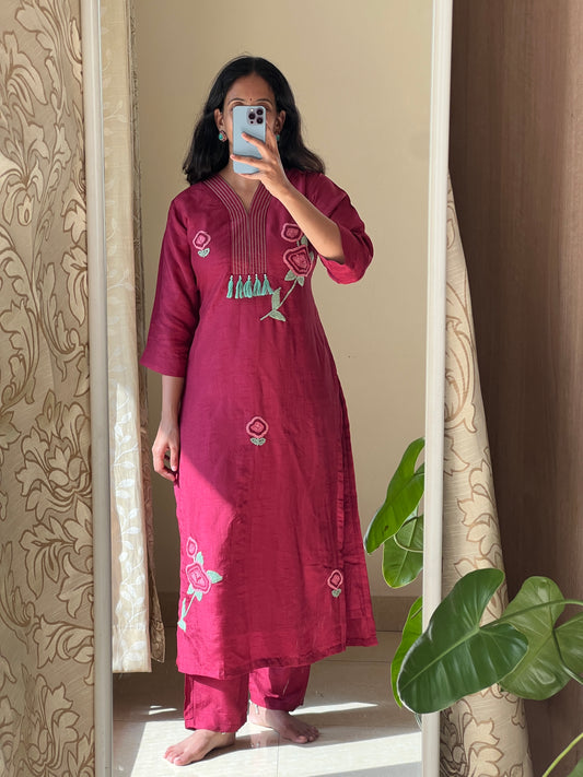A0552 red Dola silk 2 piece dress with hand embroidery detailing