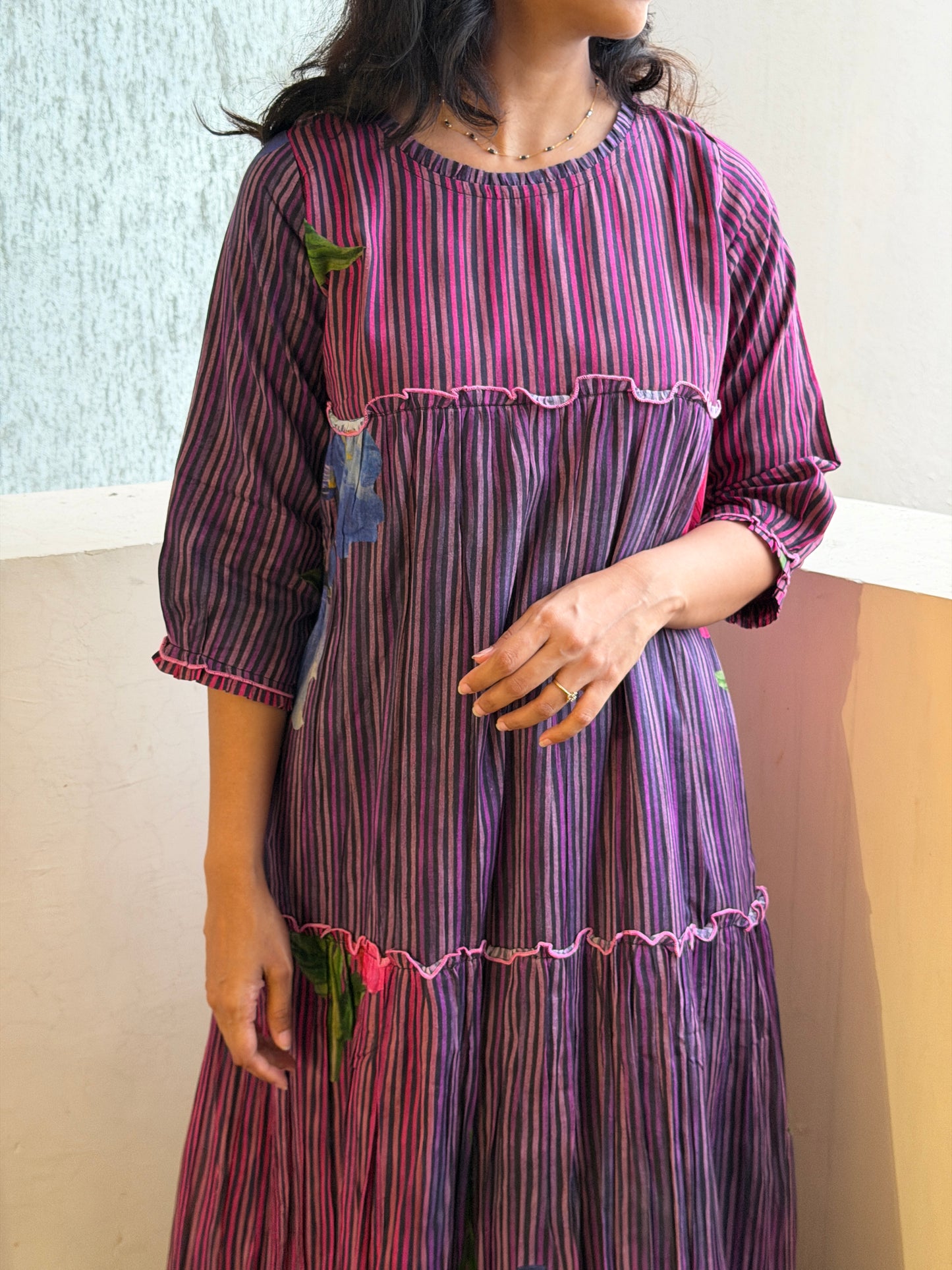 A0762 strips Mul cotton dress in blue and pink