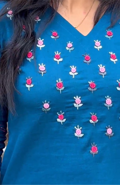 A0180 Blue handloom Cotton two piece set with rose hand embroidery and applique work detailing