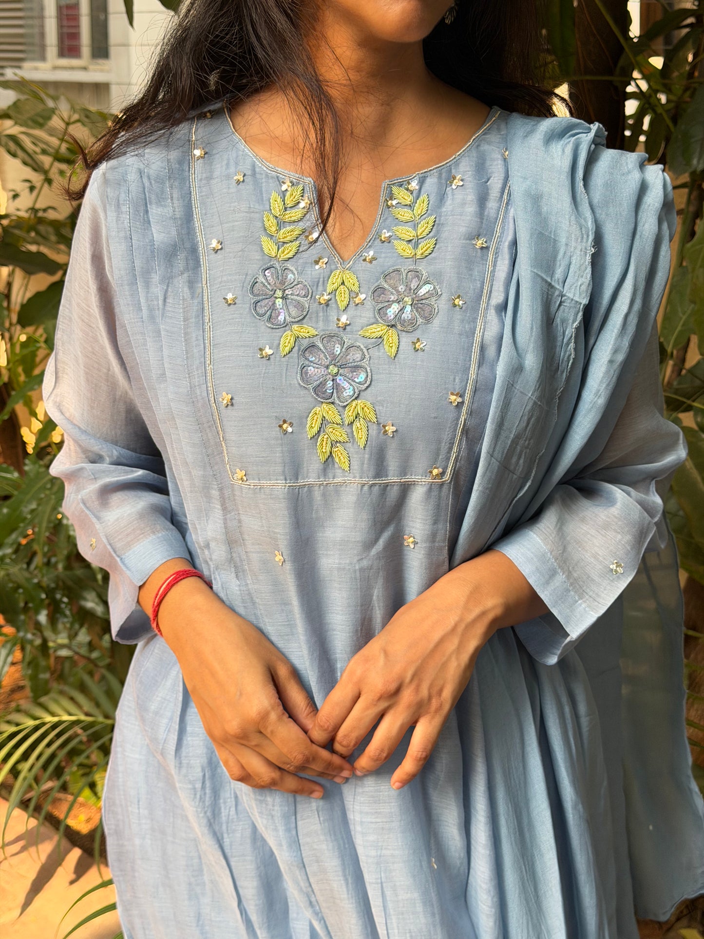 A0699 powder blue mul chanderi 3 piece set with hand embroidery detailing on yoke part comes with stall duppatta