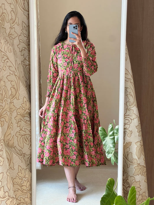 A0376 green & pink pure cotton Hand block prints summer frock