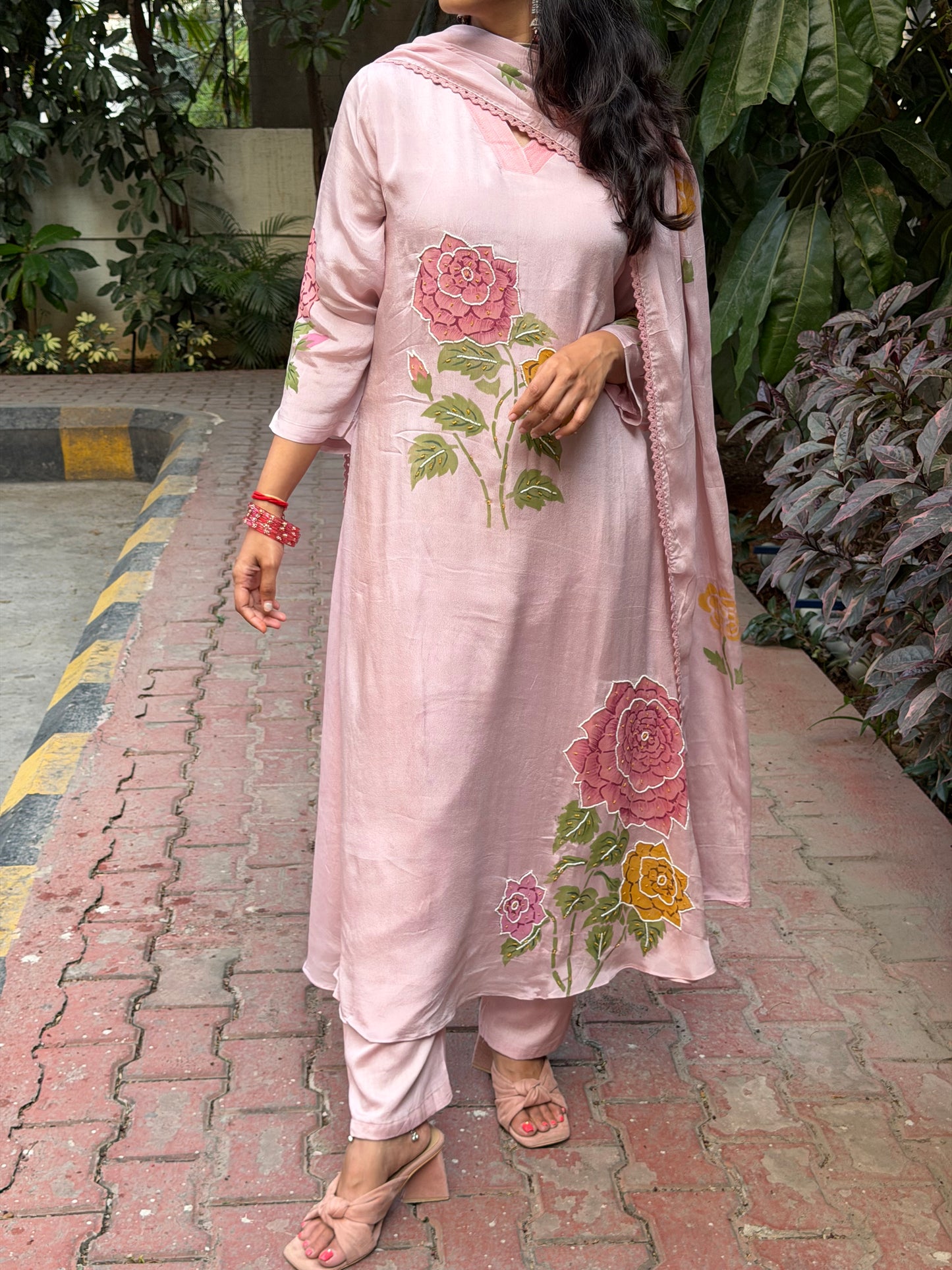 A0656 rose pink chinnon 3 piece dress with hand paint & moti embroidery detailing all over the dress & duppatta