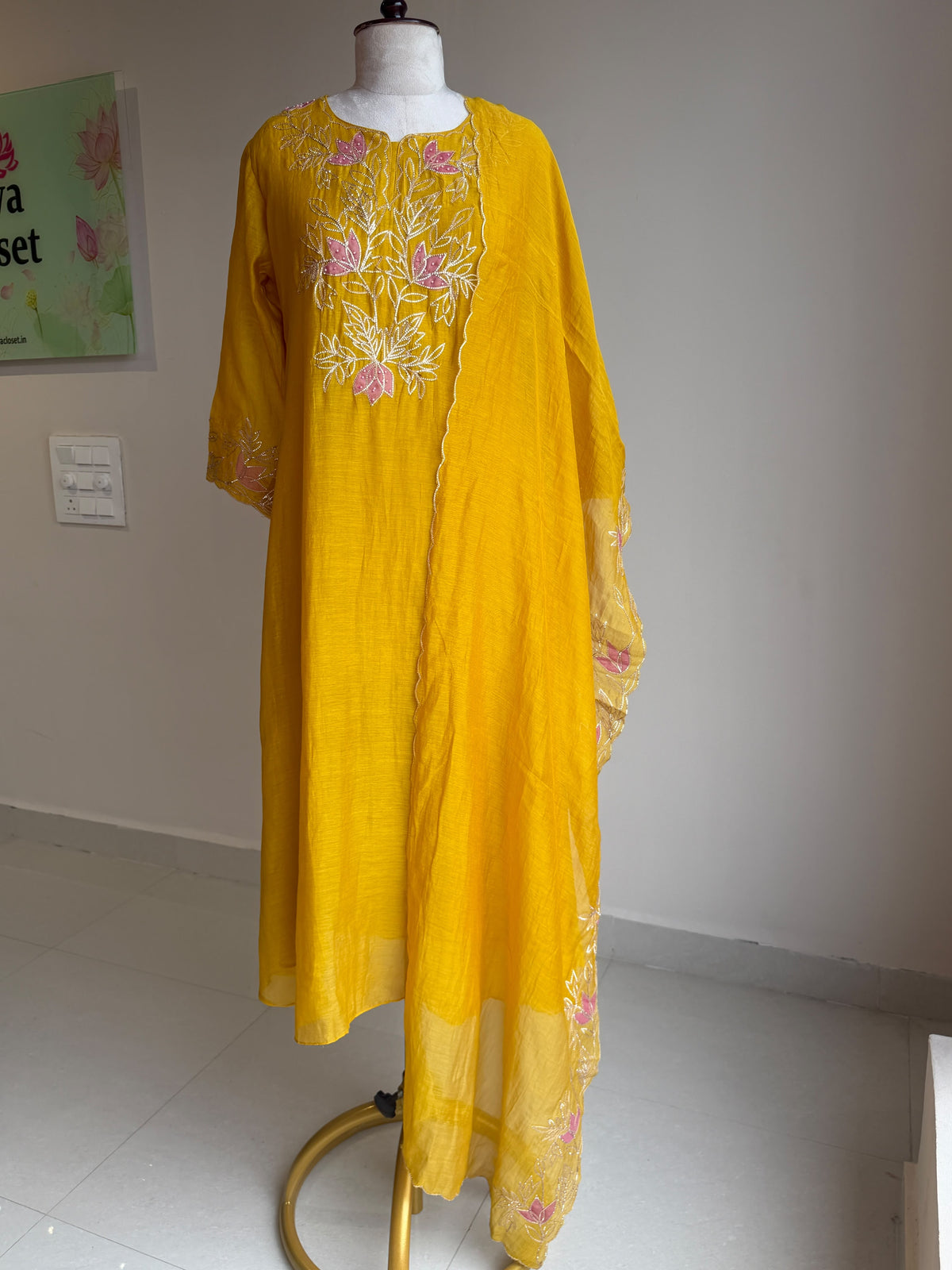A0847 mustard mul chanderi pitta embroidery 3 piece dress