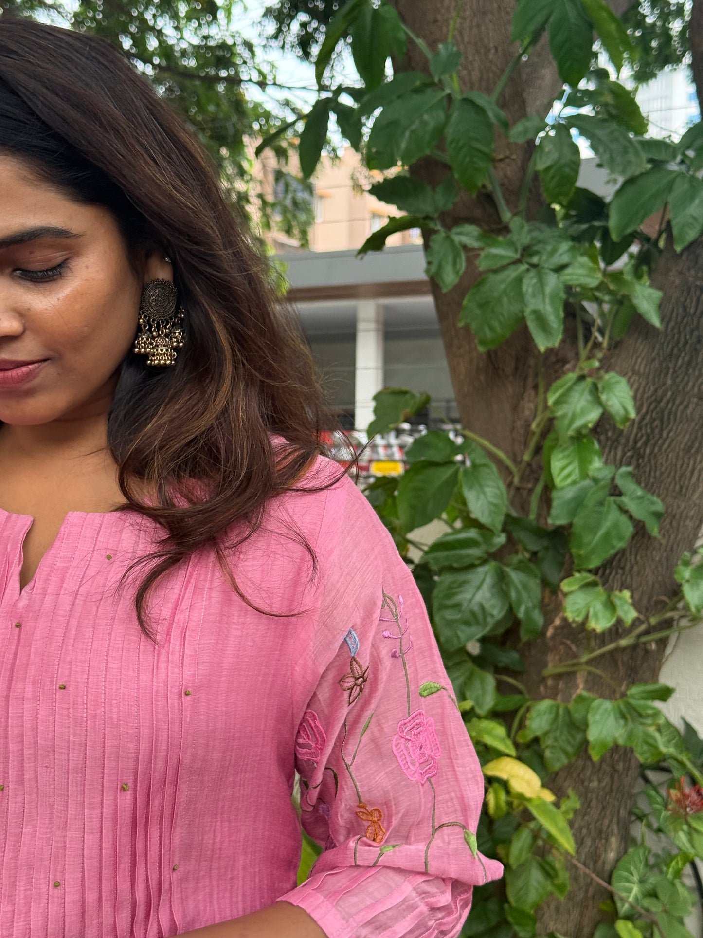 A0536 pink mul chanderi 2 piece dress with floral embroidery detailing all over the hands & pleats detailing on yoke part