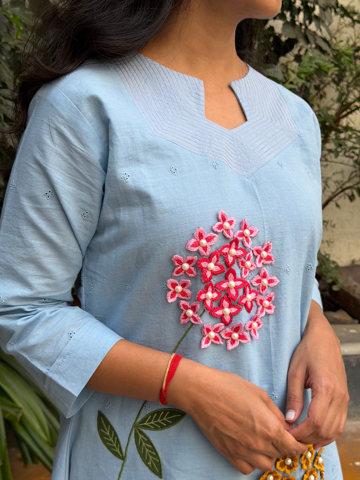 A0653 Mul cotton 2pc powder blue set with applique, 3d flowers and hakoba detailing
