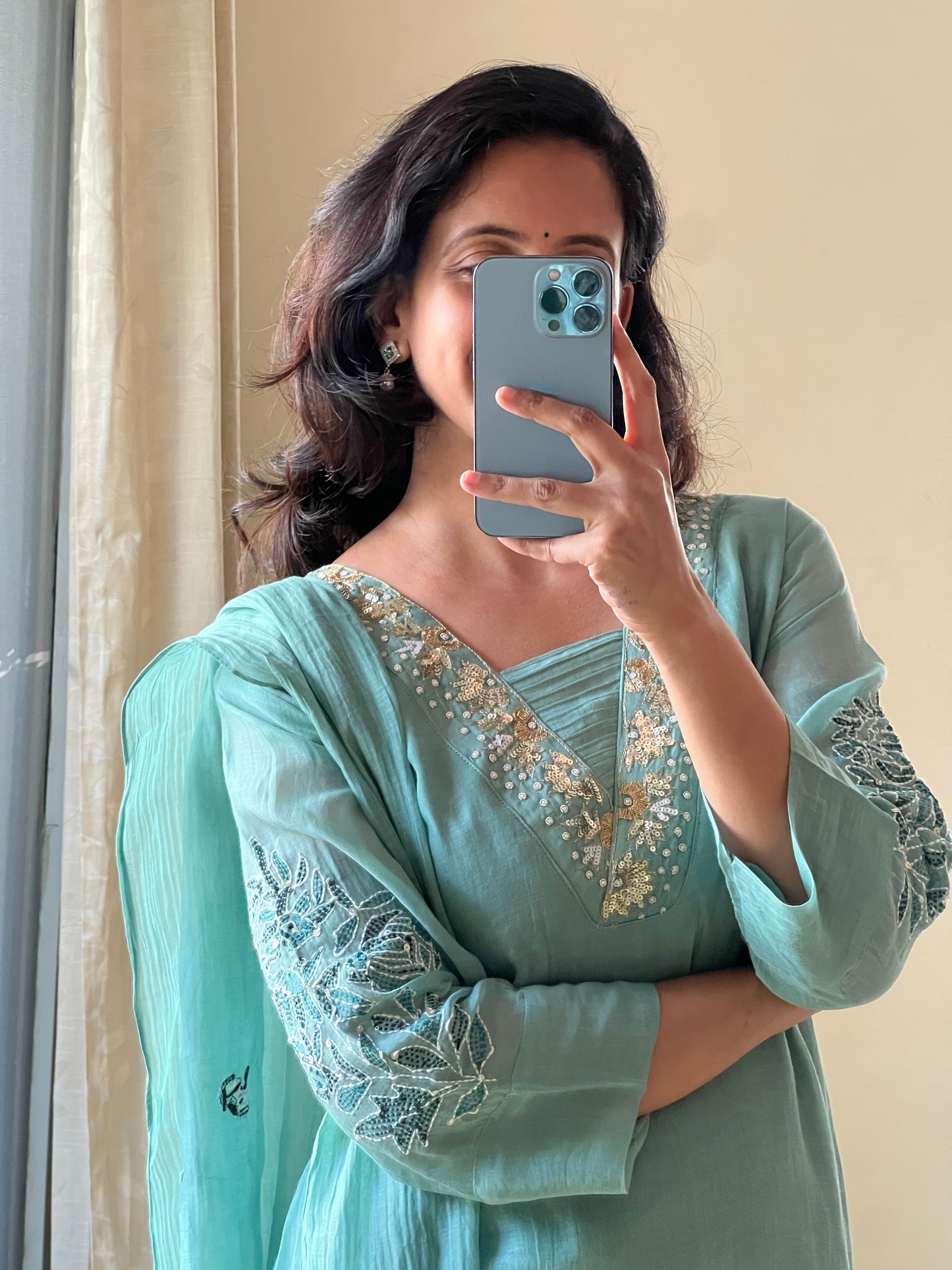 A0449 green Mul chanderi 3 piece dress with Kantha & chikankari work detailing all over the dress
