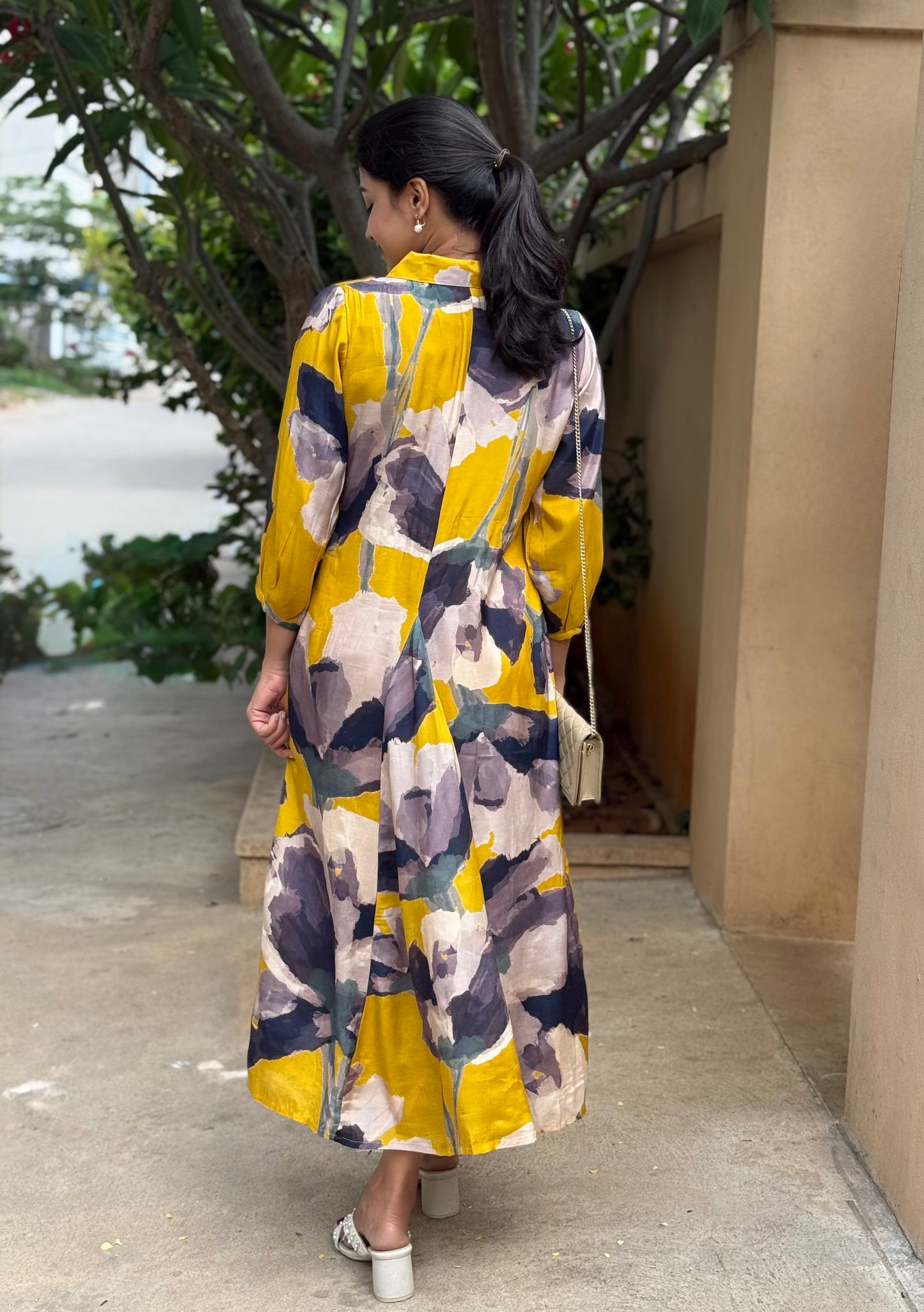 A0788 Cotton silk yellow dress with digital print