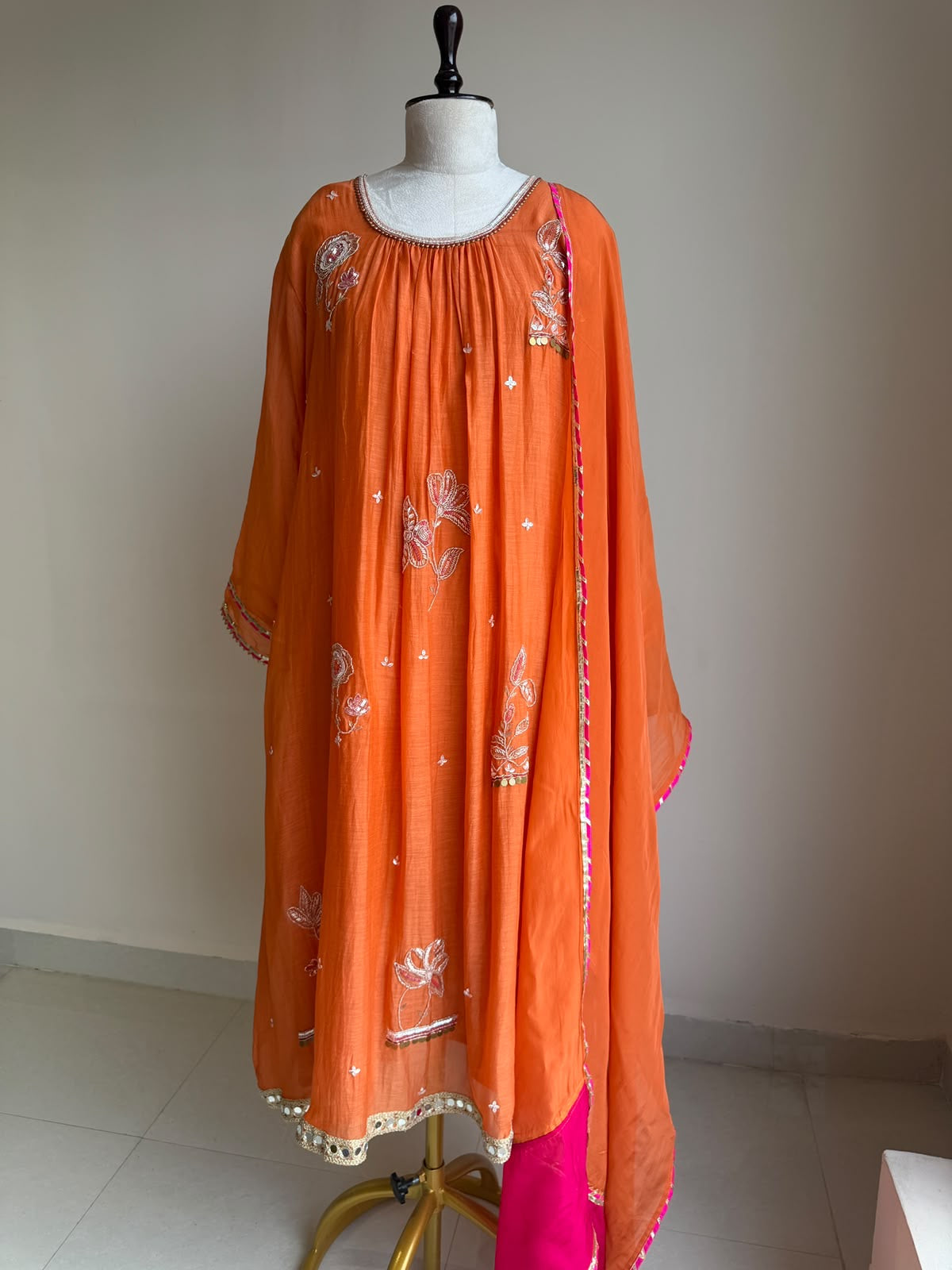 A0849 orange mul chanderi hand embroidery work 3 piece dress