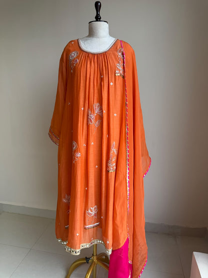 A0849 orange mul chanderi hand embroidery work 3 piece dress