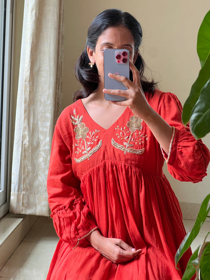 A0506 orange cotton kota one piece dress with hand embroidery detailing on yoke part