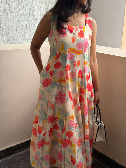 A0767 cream Lenin floral one piece dress comes with lining inside & 3/4th sleeves inside. (Dispatch time one week from 5th June)