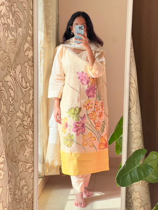 A0550 tussar 3 piece dress with hand painted, Kantha work & knit work detailing