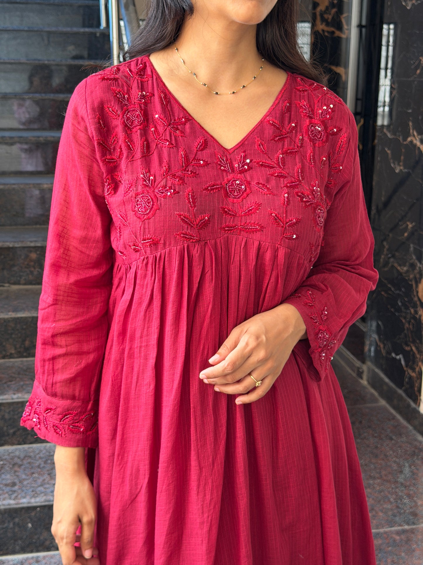 A0789 Marron Kota cotton bead embroidery dress
