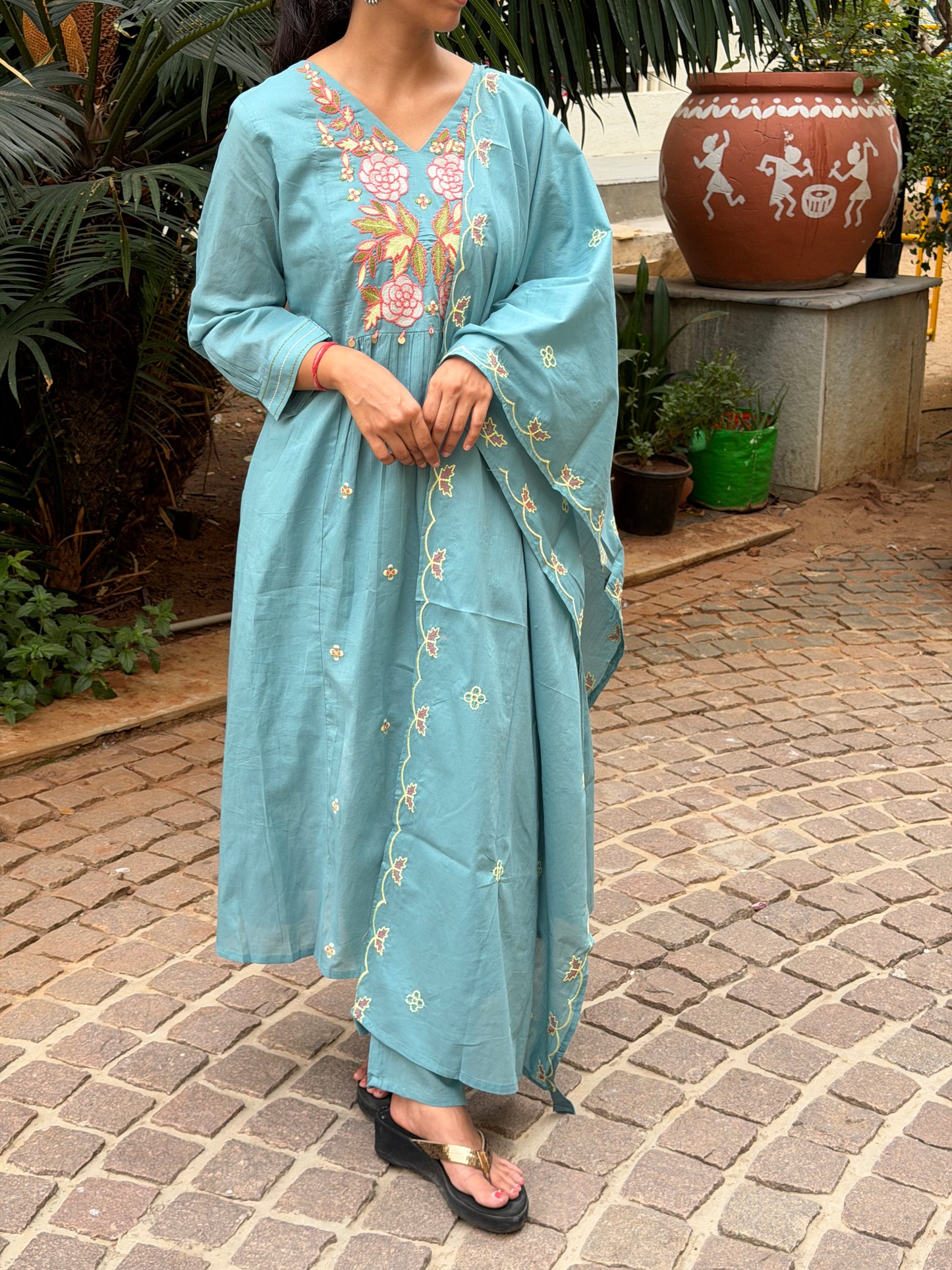 A0693 Chanderi 3pc set with Rose floral embroidery detailing