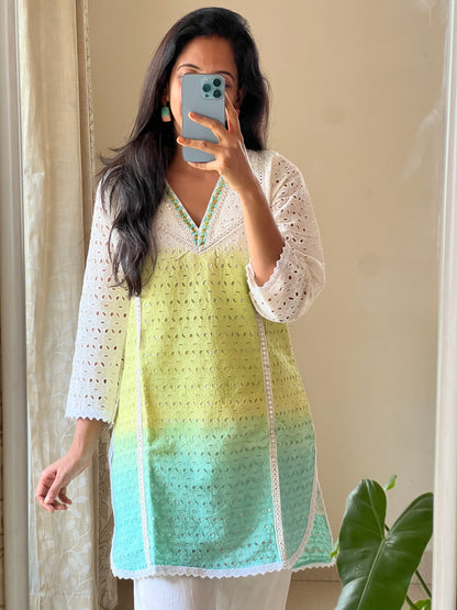 A0158 hakoba cotton green & blue shaded cotton shaded coord set