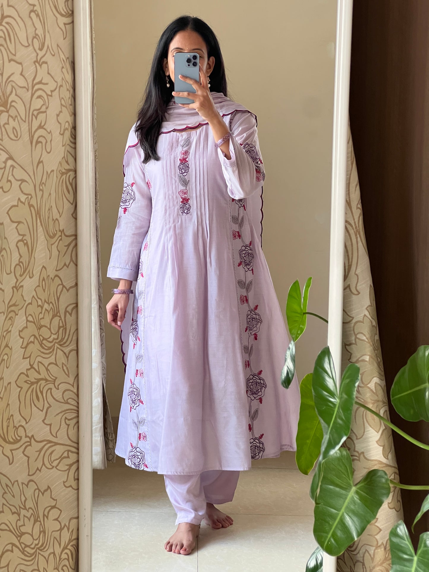 A0578 lavender mul chanderi 3 piece dress rose embroidery all over the dress with cut work duppatta