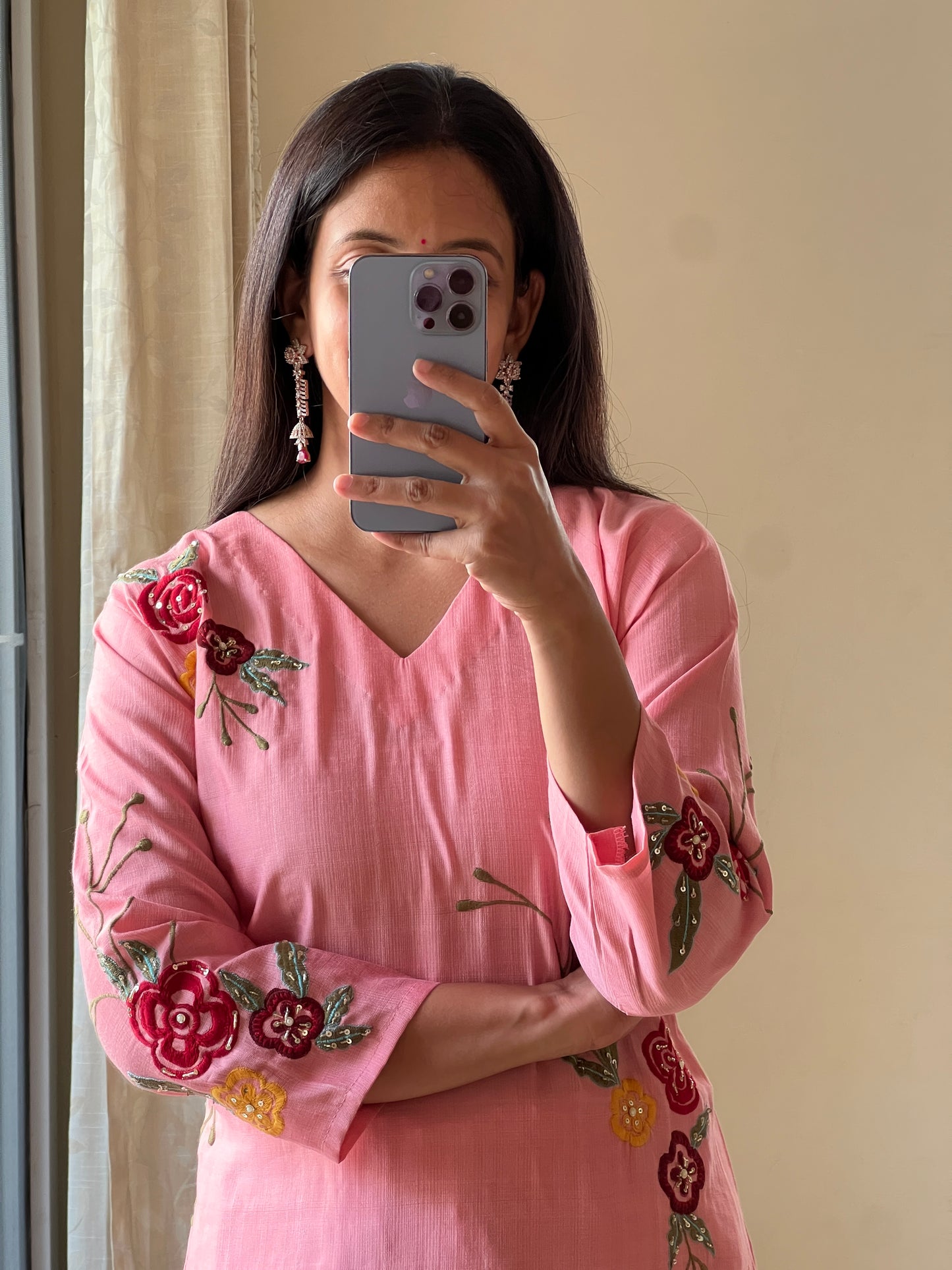 A0434 baby pink Vatican silk 2 piece dress with hand embroidery detailing