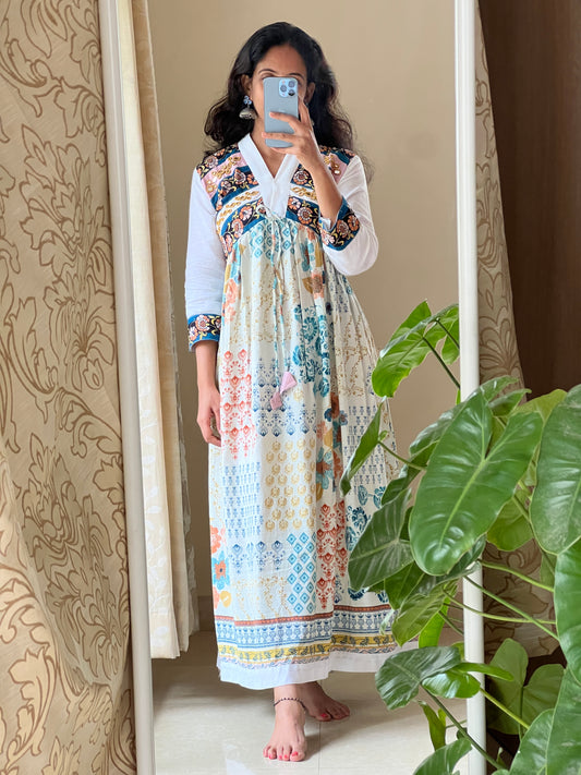 A010 white Imported Cotton falling fabric with original mirror hand embroidery work on yoke part one piece dress