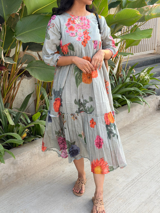 A0742 Sage grey Mul cotton  digital print dress