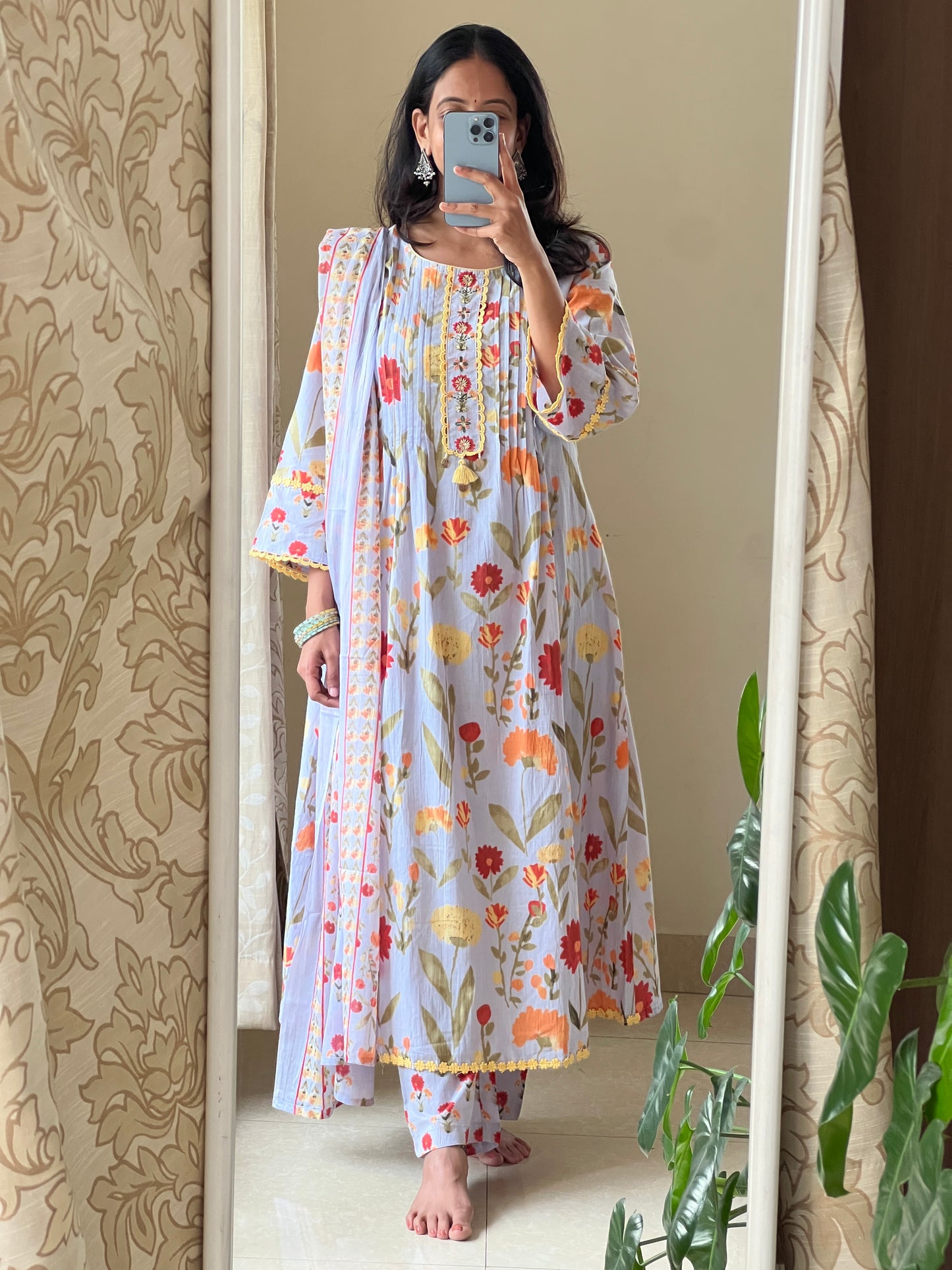 A0479 blue pure cotton floral digital printed 3 piece set
