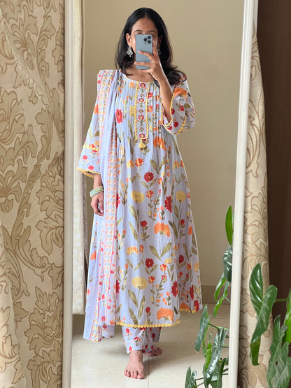 A0479 blue pure cotton floral digital printed 3 piece set