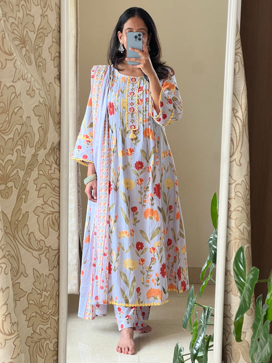 A0479 blue pure cotton floral digital printed 3 piece set