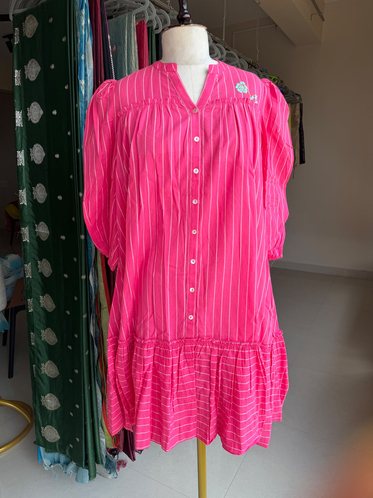Pink Jamdani stripes knee length dress
