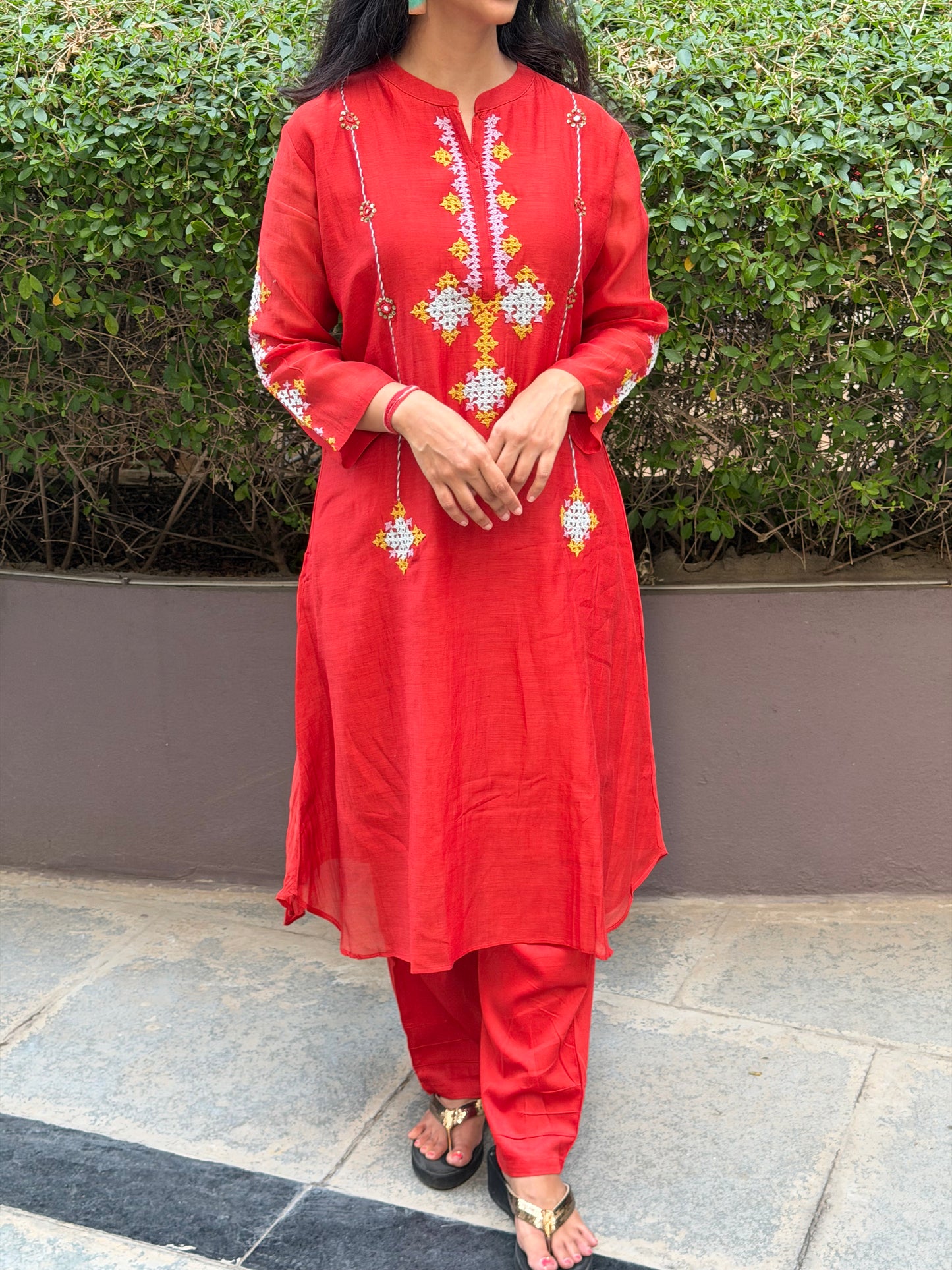 A0673 rust mul Chanderi 2 piece set with Kutch work hand embroidery detailing all over the top