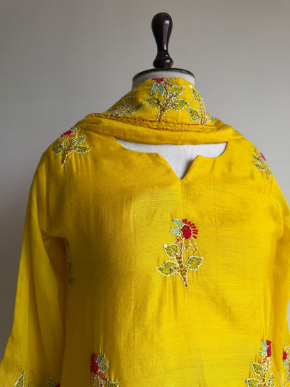 A0841 yellow mul chanderi Kantha work embroidery 3 piece dress