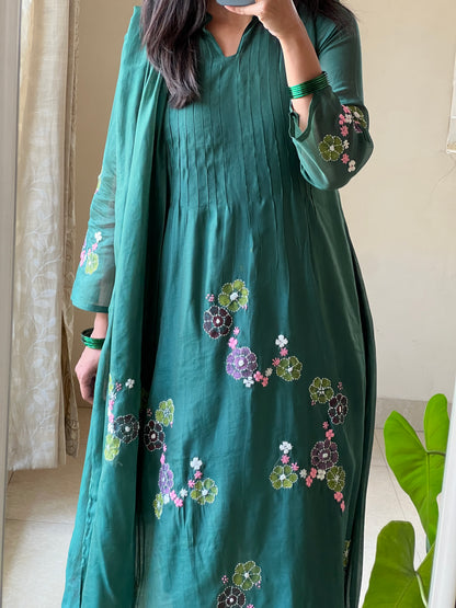 A0560 green Mul chanderi 3 piece dress with hand embroidery & hand paint detailing