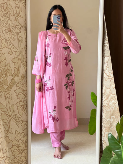 A0559 pink mul chanderi hand painted, kanta 3 piece A-Line dress