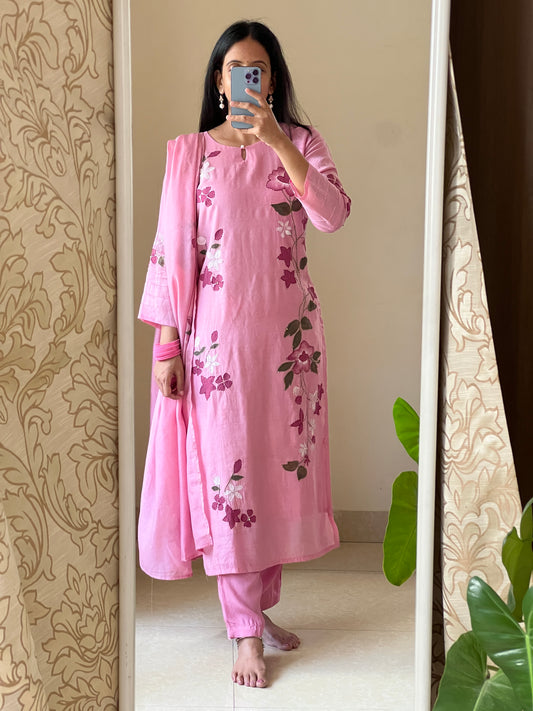 A0559 pink mul chanderi hand painted, kanta 3 piece A-Line dress