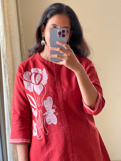 A0323 rust handloom cotton 2 piece set with applique work detailing