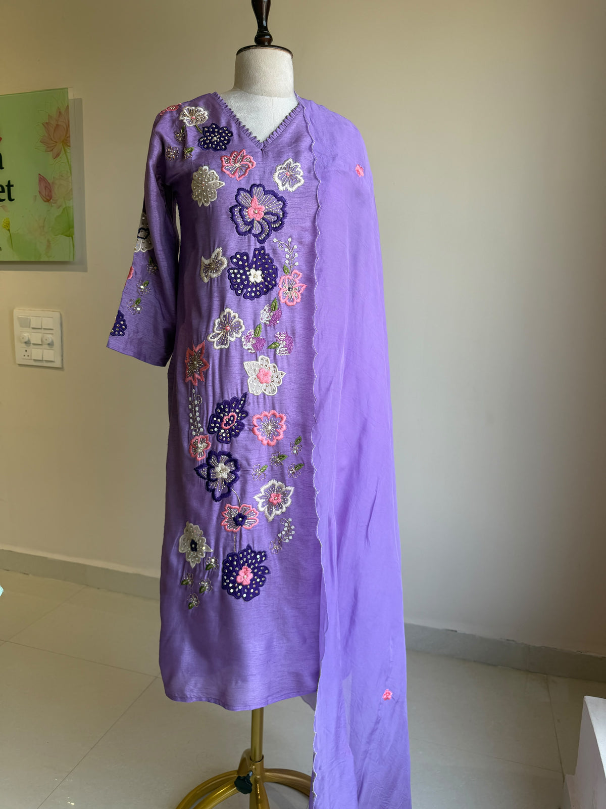 A0856 lavender Dola silk applique work 3 piece dress