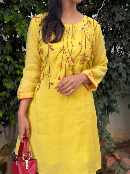 A0599 yellow mul chanderi coord set with hand embroidery detailing all over the neck & bottoms