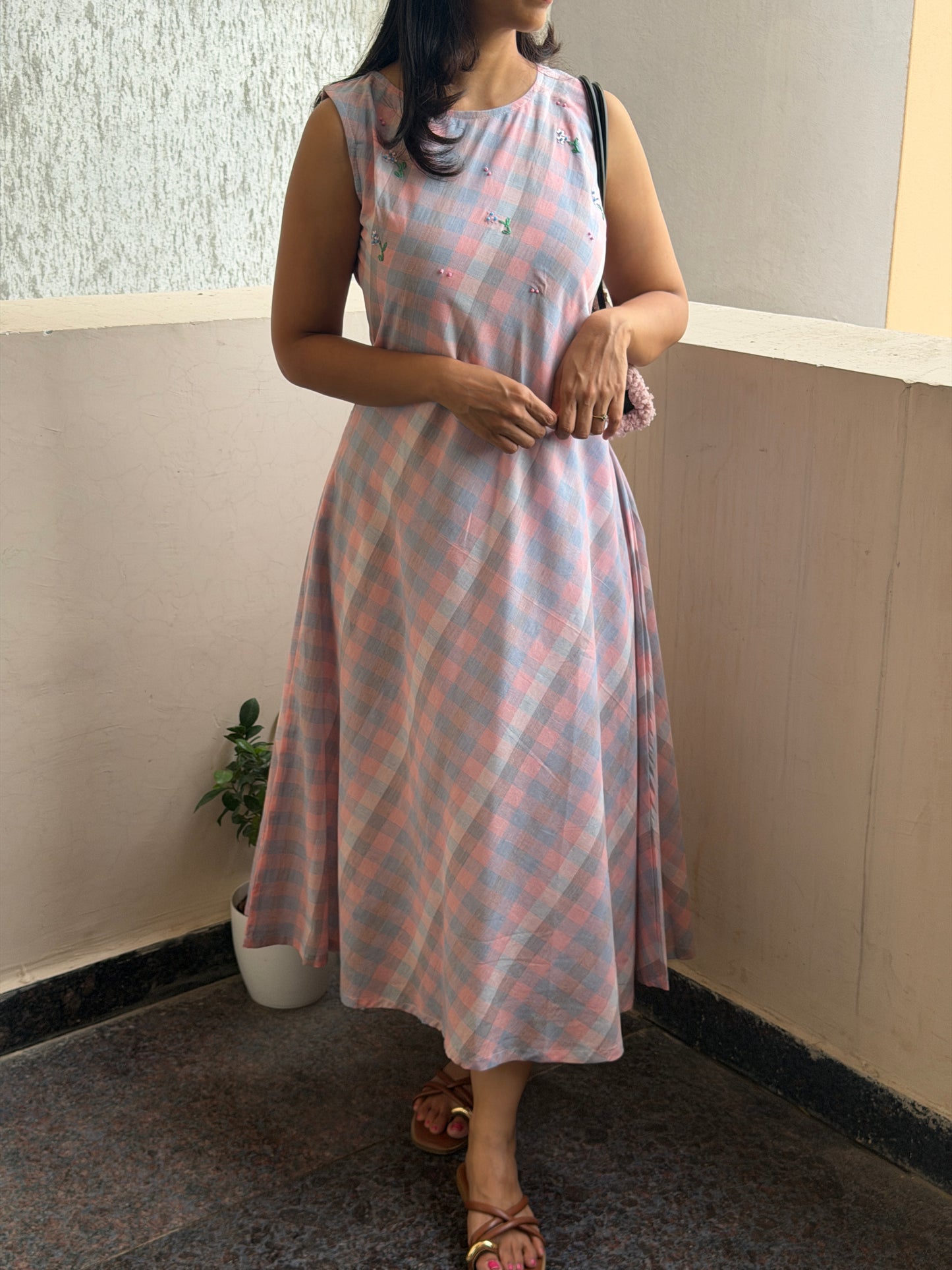 A0775 The checkmate. Mul cotton nude palette checks A-line dress.