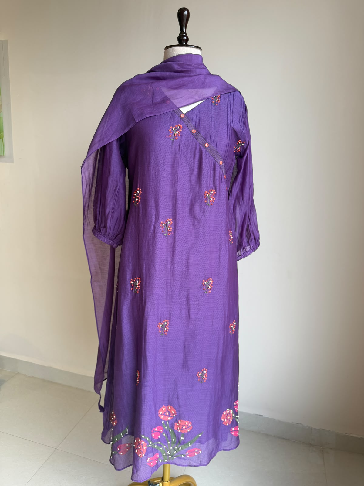 A0850 purple mul chanderi hand embroidery 3 piece dress
