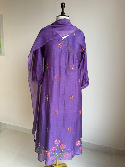 A0850 purple mul chanderi hand embroidery 3 piece dress