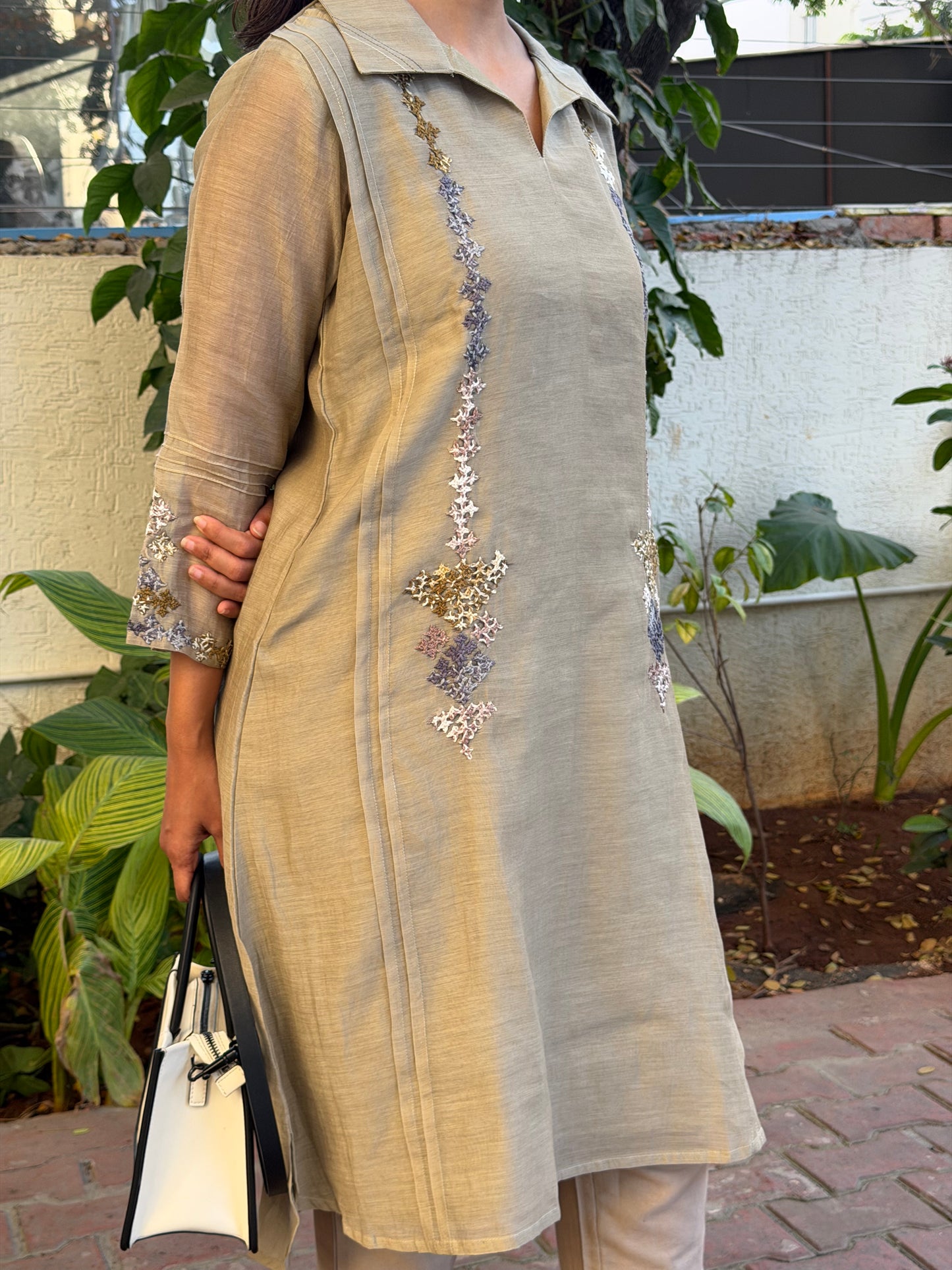 A0596 ash grey mul chanderi 2 piece dress with Kutch hand embroidery detailing