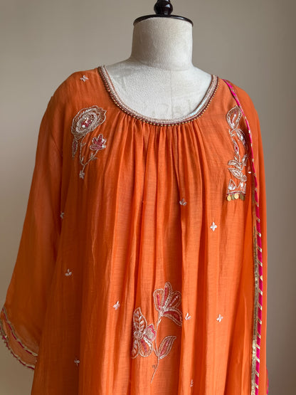 A0849 orange mul chanderi hand embroidery work 3 piece dress