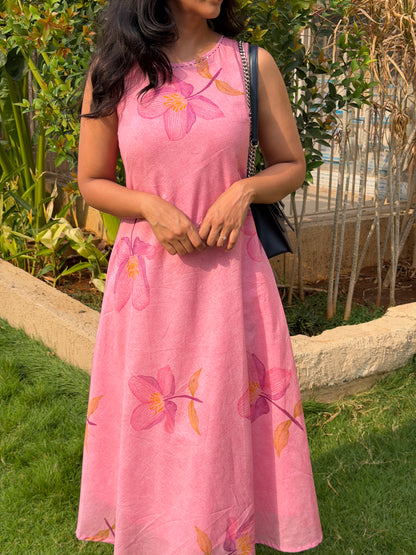 A0748 pink Mul cotton digital printed floral A-Line dress