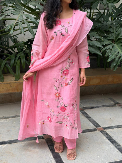 A0618 pink mul chanderi 3 piece suit with hand paint & hand embroidery detailing