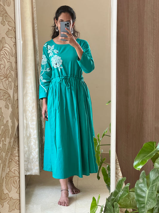 A0048 handloom cotton one piece dress with machine embroidery and adjustable tie ups