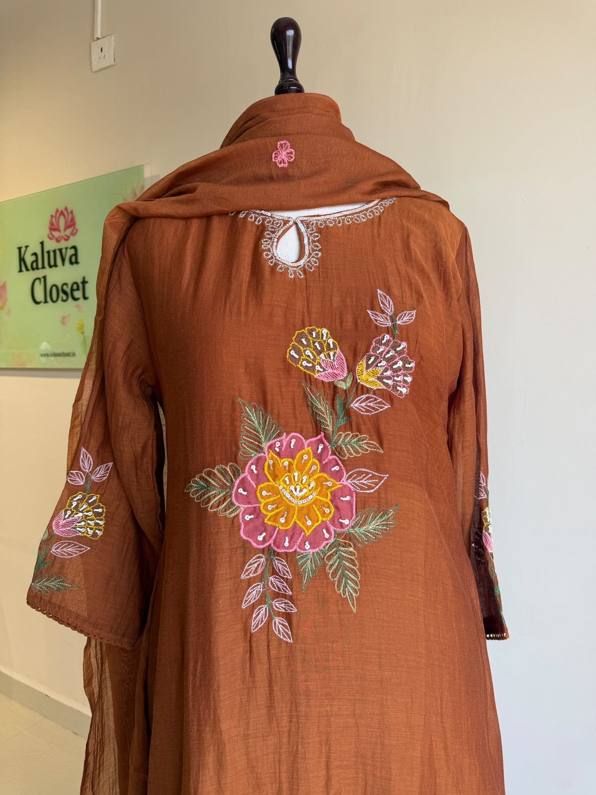 A0855 rust brown mul chanderi applique work 3 piece dress