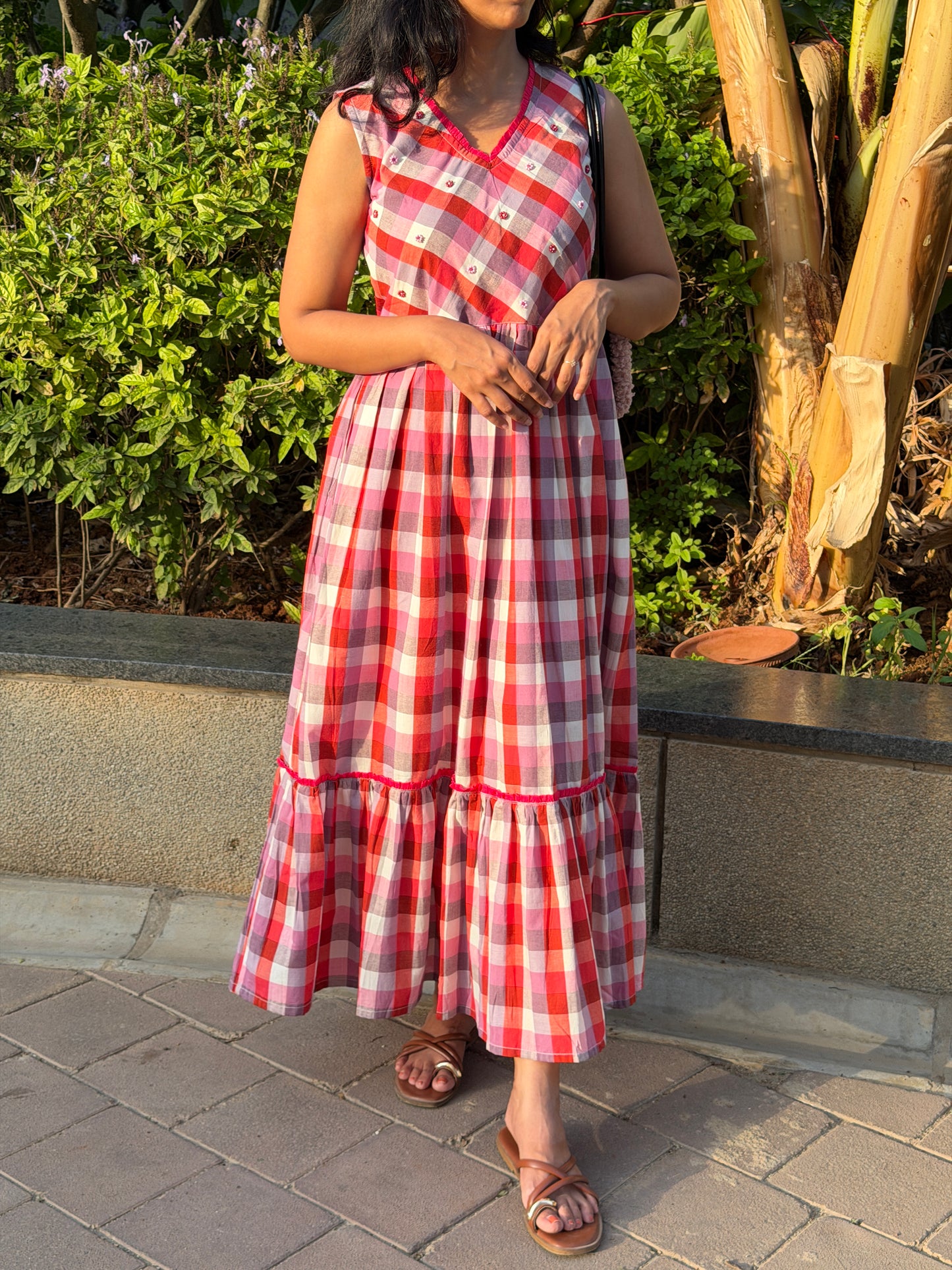 A0763 Pure cotton Red and white checks dress with hand embroidery flowers