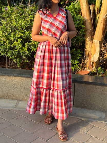 A0763 Pure cotton Red and white checks dress with hand embroidery flowers