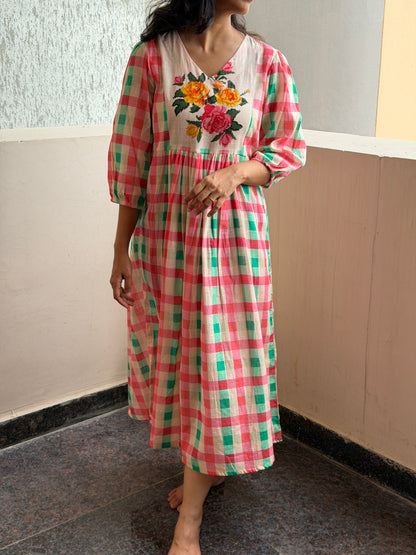 A0747 pink checks slub cotton one piece dress with floral digital print on yoke part