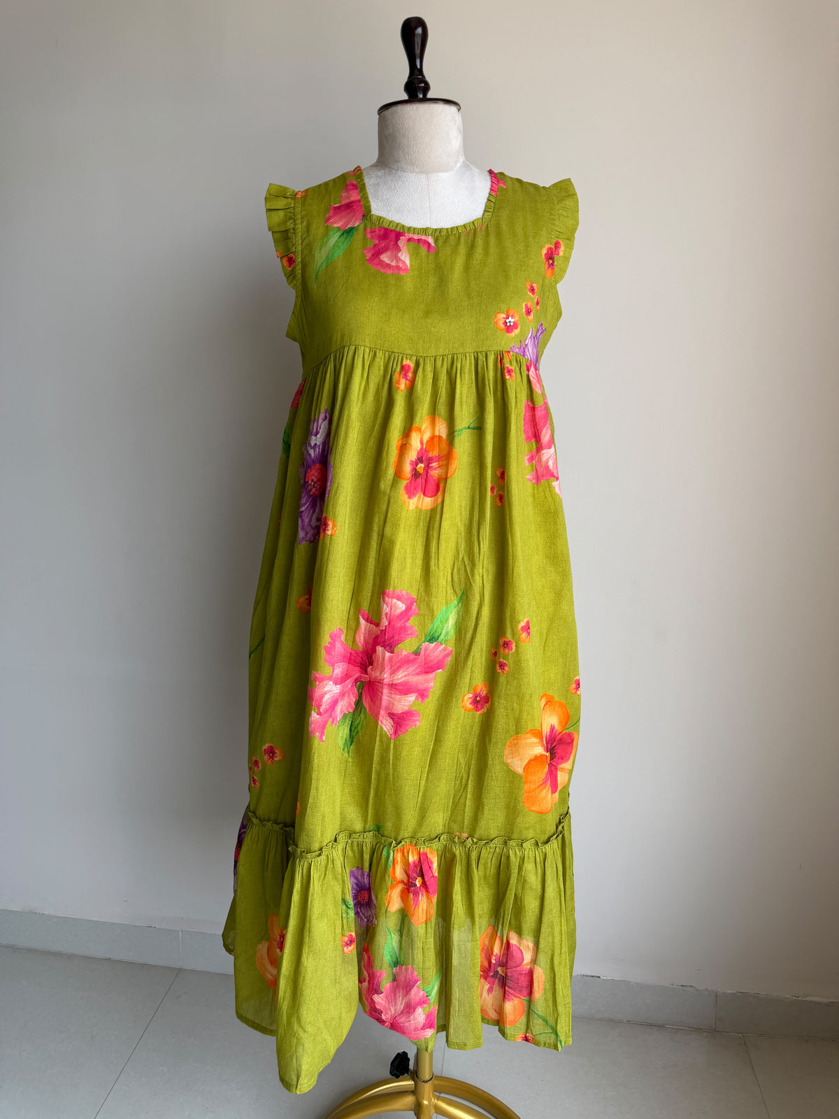 A0865 green mul cotton floral digital one piece dress